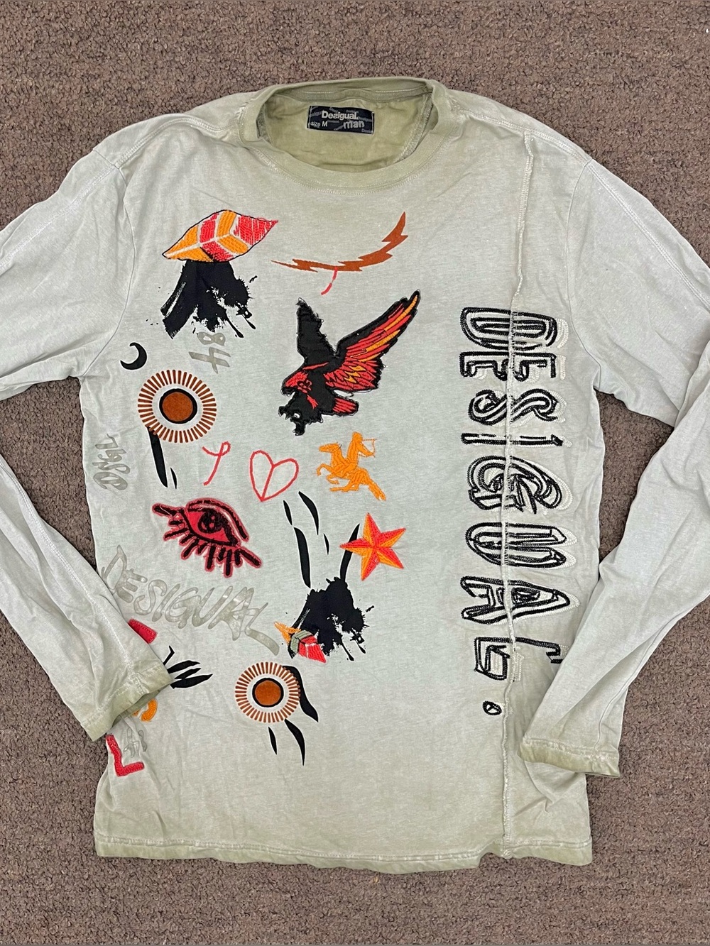 Desigual Light Gray Long Sleeve Tee with Red & Orange Graphics